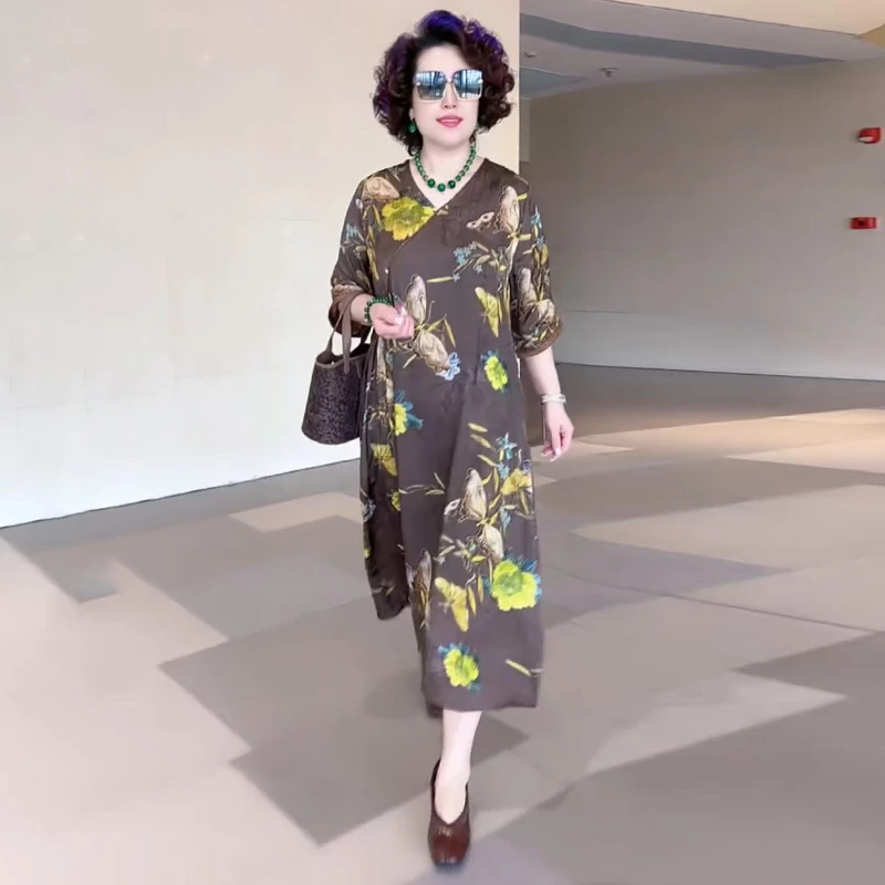 6019短袖原创设计夏新款重磅花萝真丝提花时尚宽松百搭圆领连衣裙
