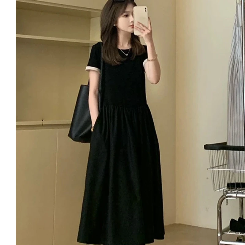 撞色拼接收腰显瘦连衣裙女夏季新款气质减龄通勤黑色中长裙3670