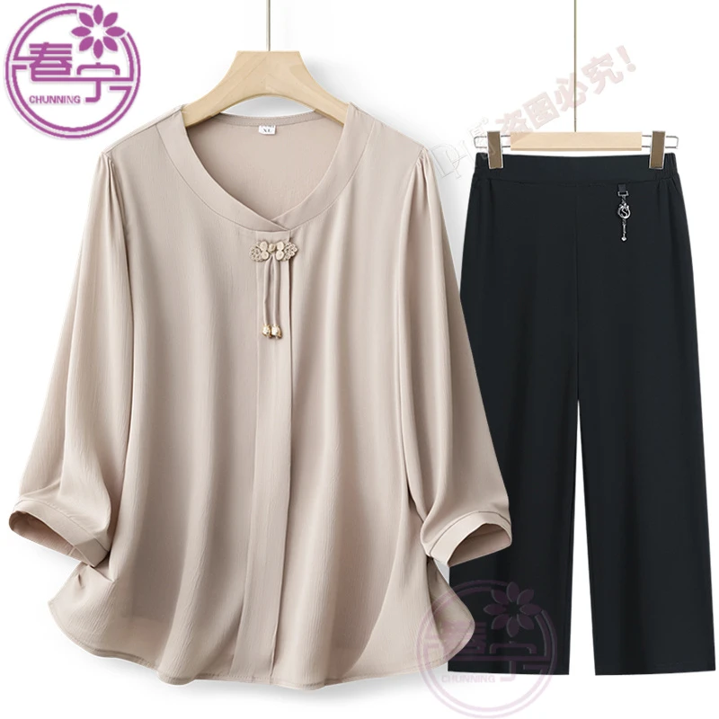 妈妈春夏装2025新款国风衬衫时尚套装上衣中老年女夏装t恤小衫