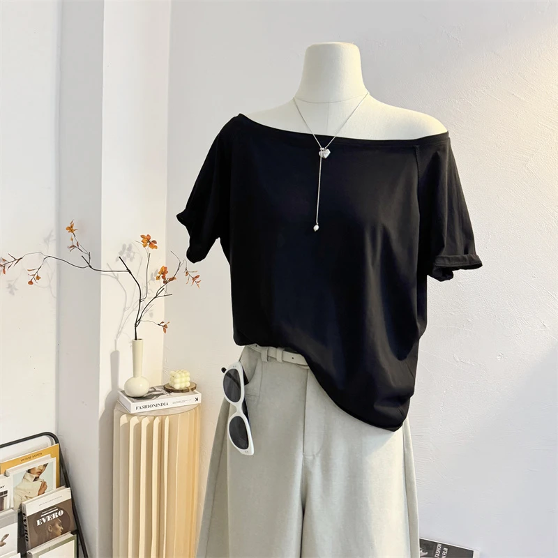 黑色一字领斜肩短袖T恤女2025夏新款宽松慵懒风显瘦露肩洋气上衣