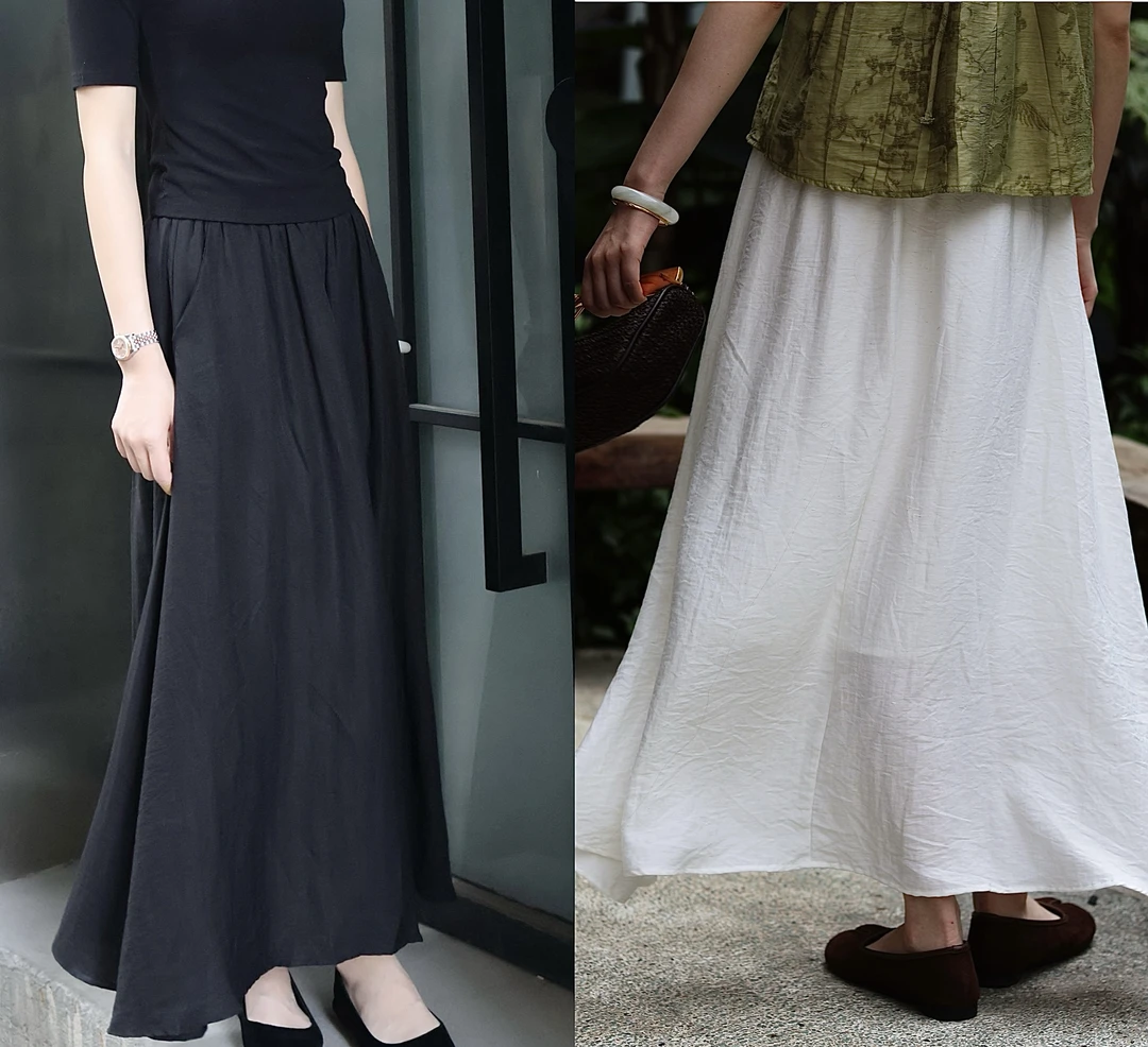 WEIIN 透气薄款A型气质垂感半身裙中国风棉麻连衣裙，配腰带