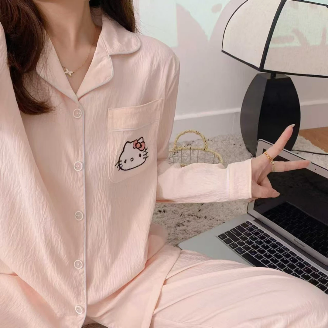 粉色凯蒂猫睡衣套装外出女kt猫云朵棉小翻领长袖haloktiiy家居服