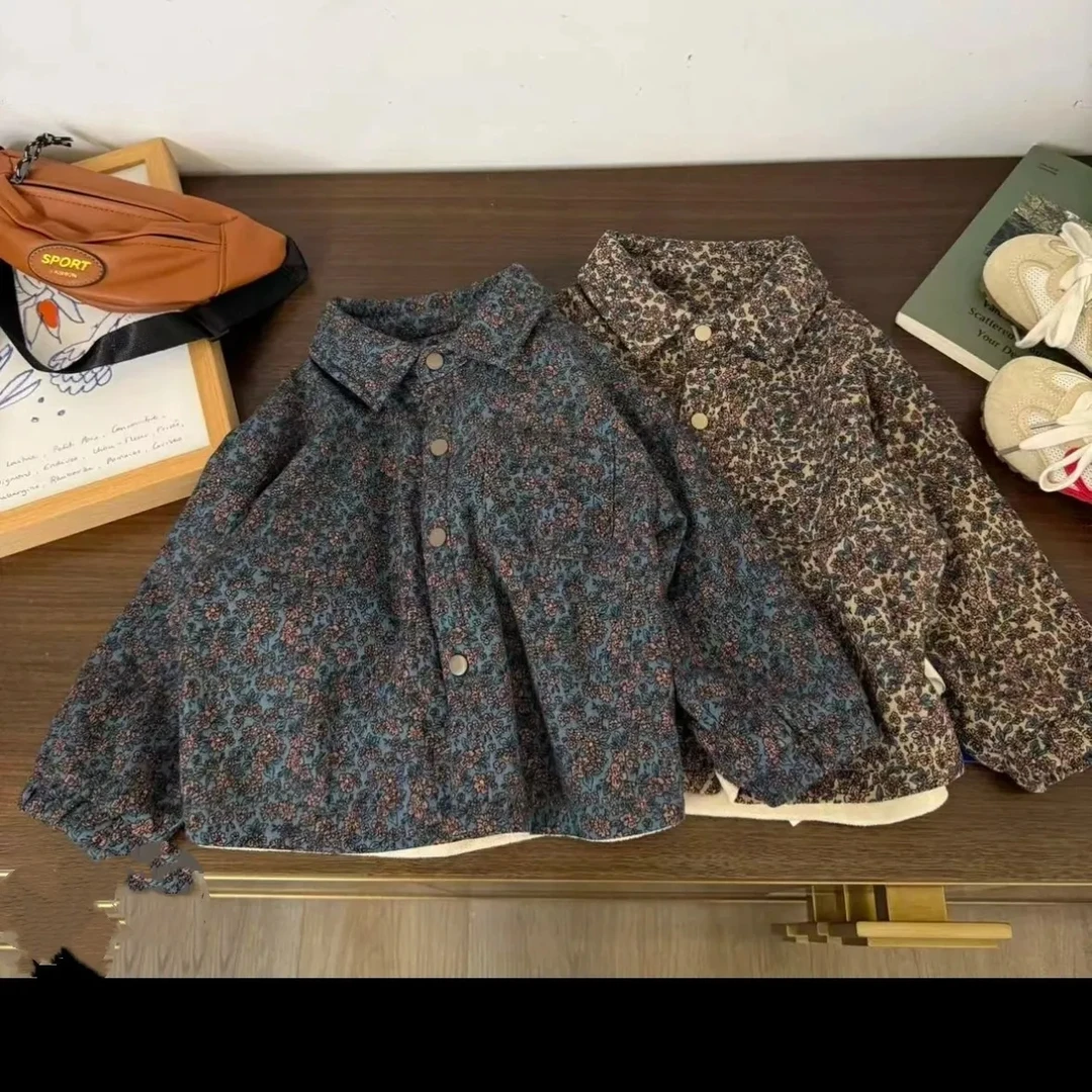 儿童加绒衬衫男童2025秋冬港风复古长袖碎花衬衣洋气打底休闲开衫