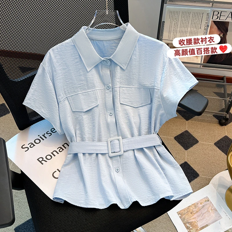 法式气质翻领蓝色短袖衬衫女2025夏季新款设计感别致腰带收腰上衣