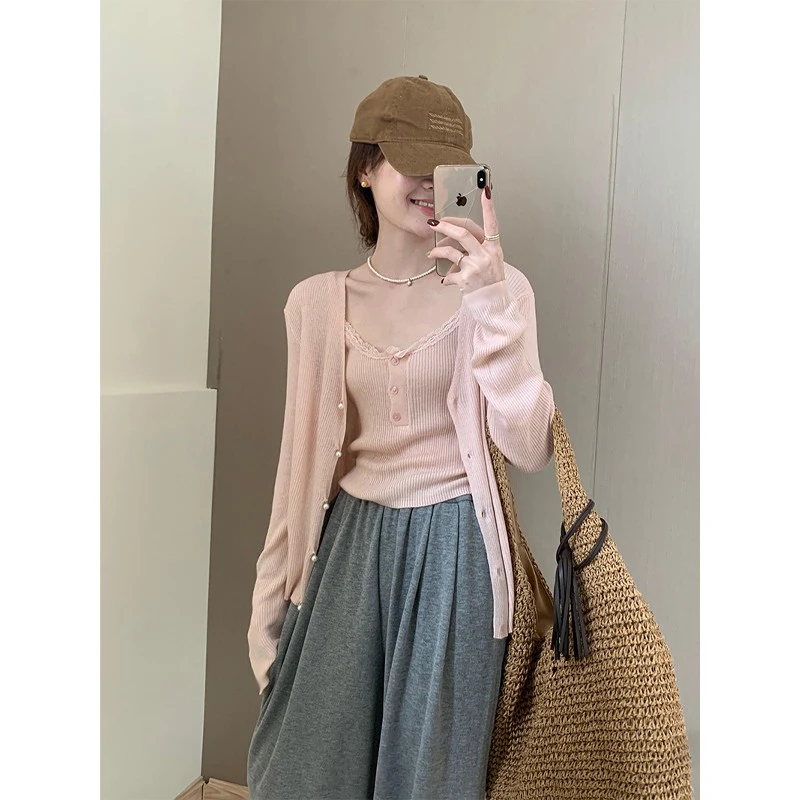 【6522】大码微胖女生穿搭两件套针织衫甜美风花边吊带上衣两件套