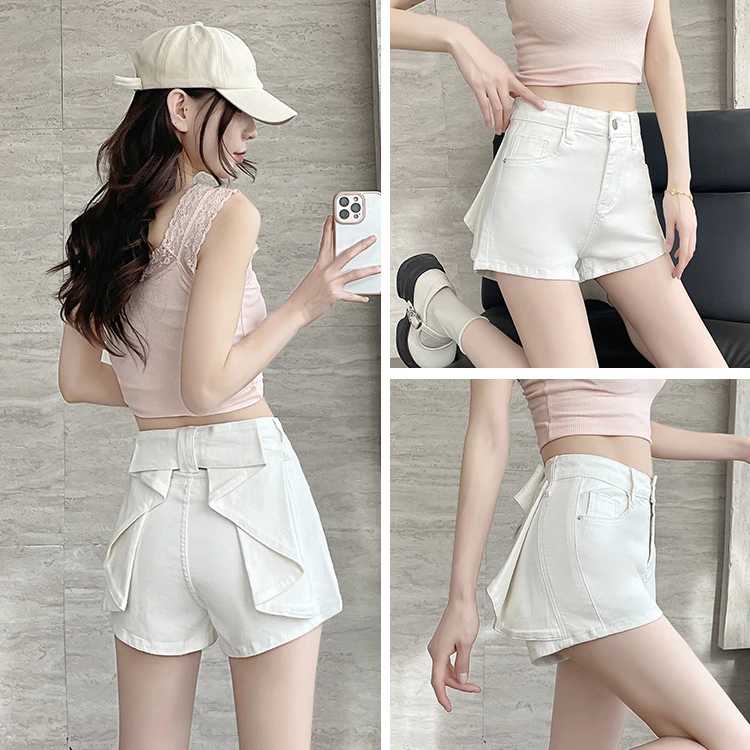 梦冷背后立体蝴蝶结弹力牛仔短裤女高腰白色辣妹纯欲短热裤子夏季