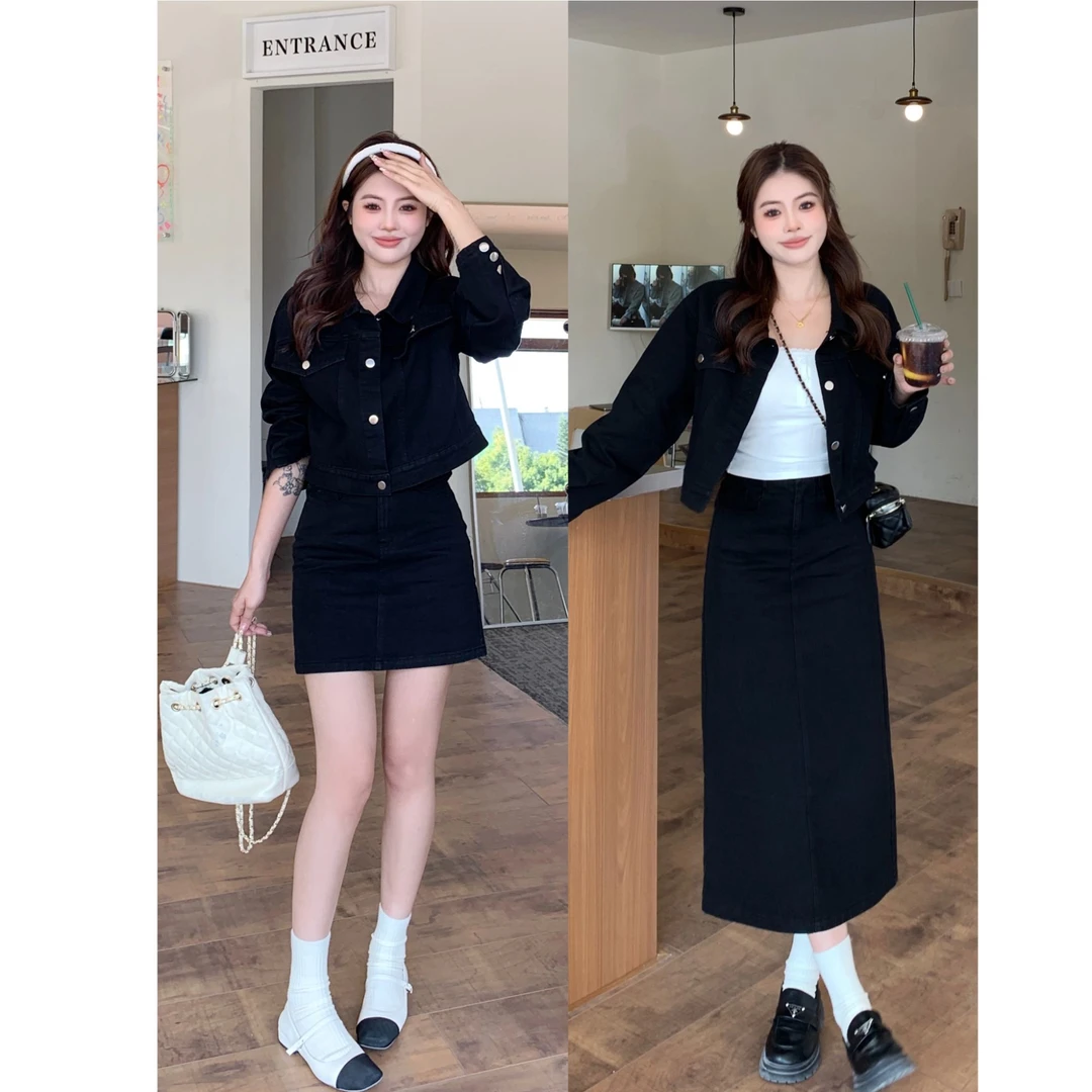 早秋新款大码女装韩版洋气套装微胖女生牛仔两件套装-6353