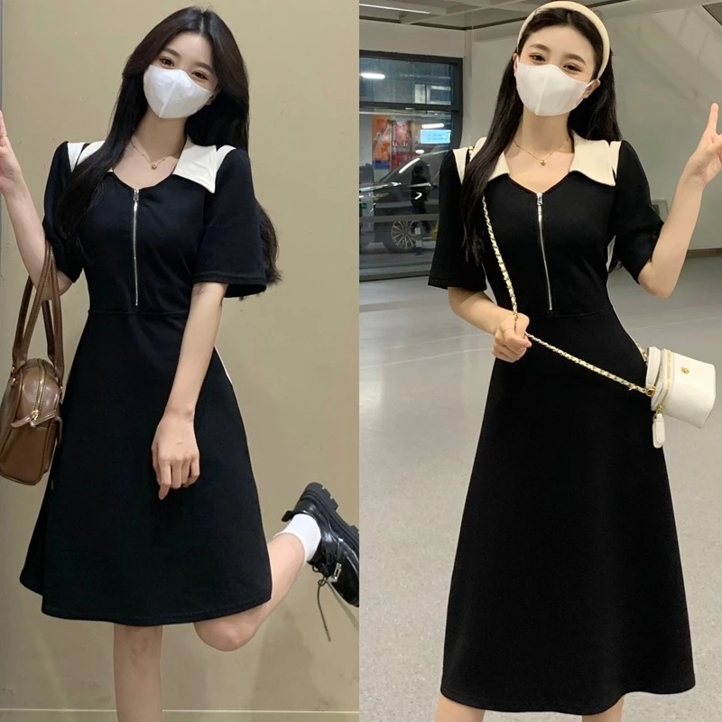 （80-200斤)胖MMpolo领小众设计感撞色收腰胖妹妹显瘦连衣裙1480