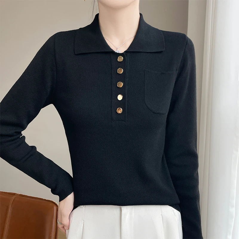 品牌2025新款春秋POLO领金属扣修身优雅气质针织上衣纯色打底衫