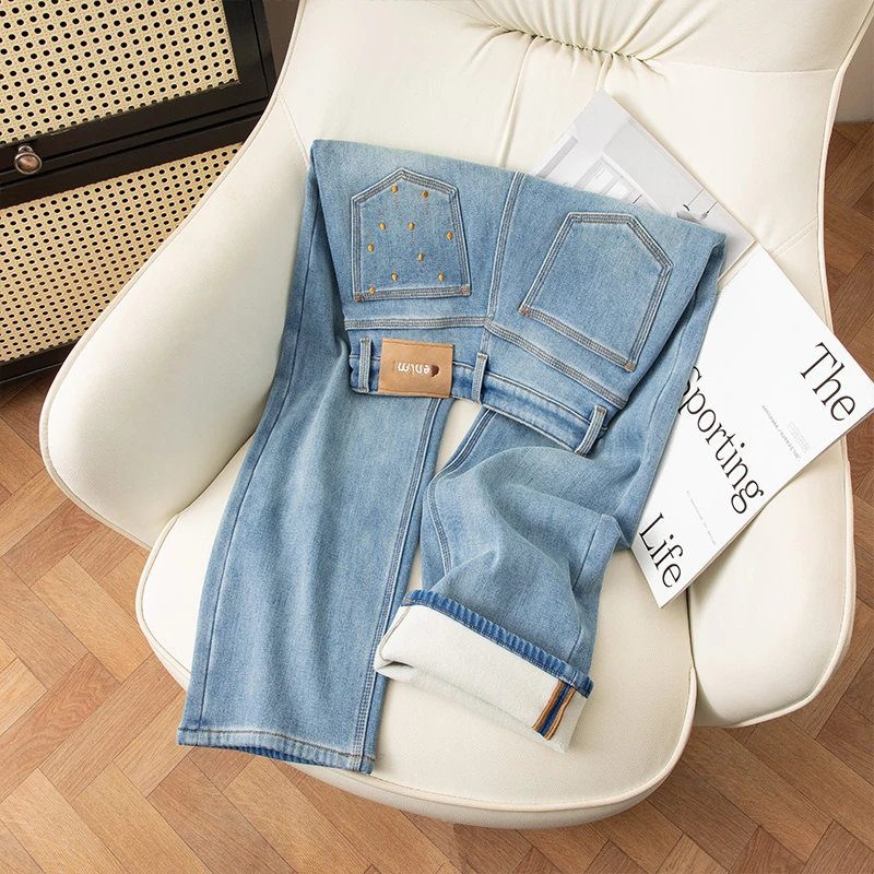 SHILV加绒冬季牛仔裤女九分裤窄版小直筒裤高腰显瘦修身长裤刺绣