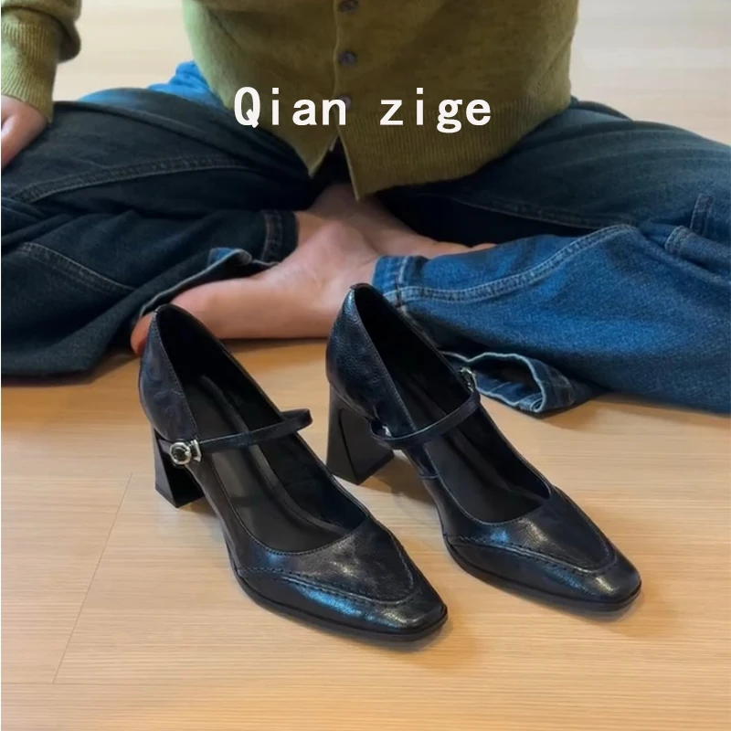 软羊皮方头粗跟单鞋黑色上班春秋新款时尚高跟鞋国潮轻奢女式鞋子