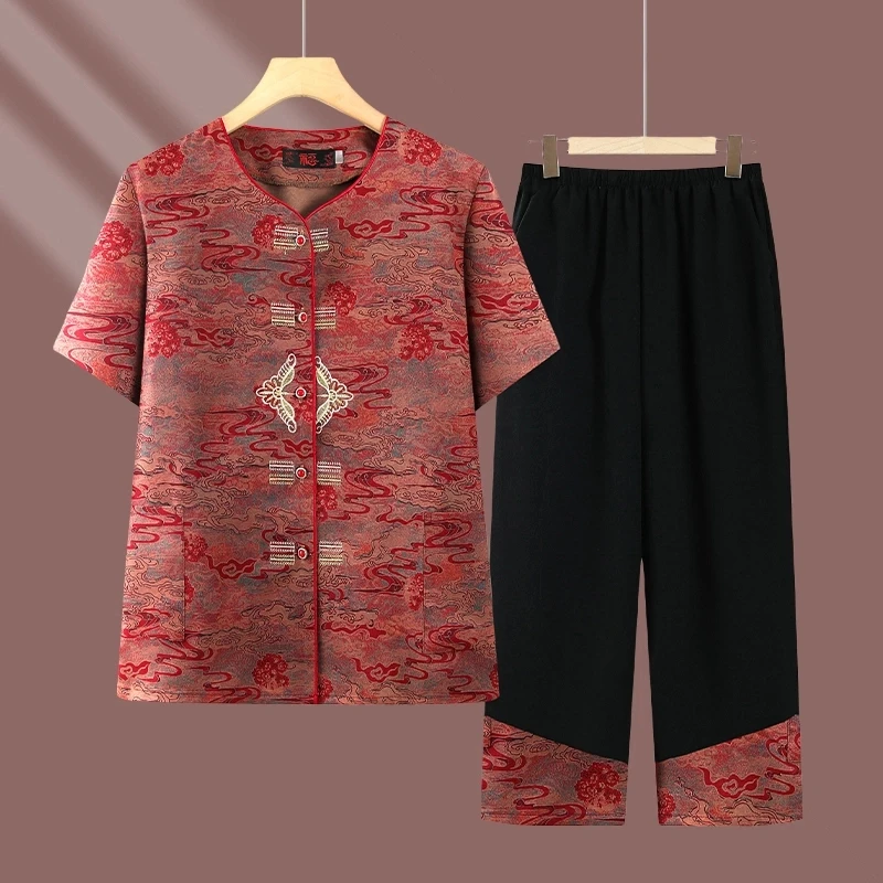 奶奶夏装七分袖衬衫新中式中老年人女唐装妈妈装老人老太太套装女