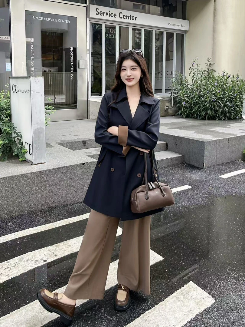 翻领宽松型常规设计感春季大衣秋季V领风衣中长款570