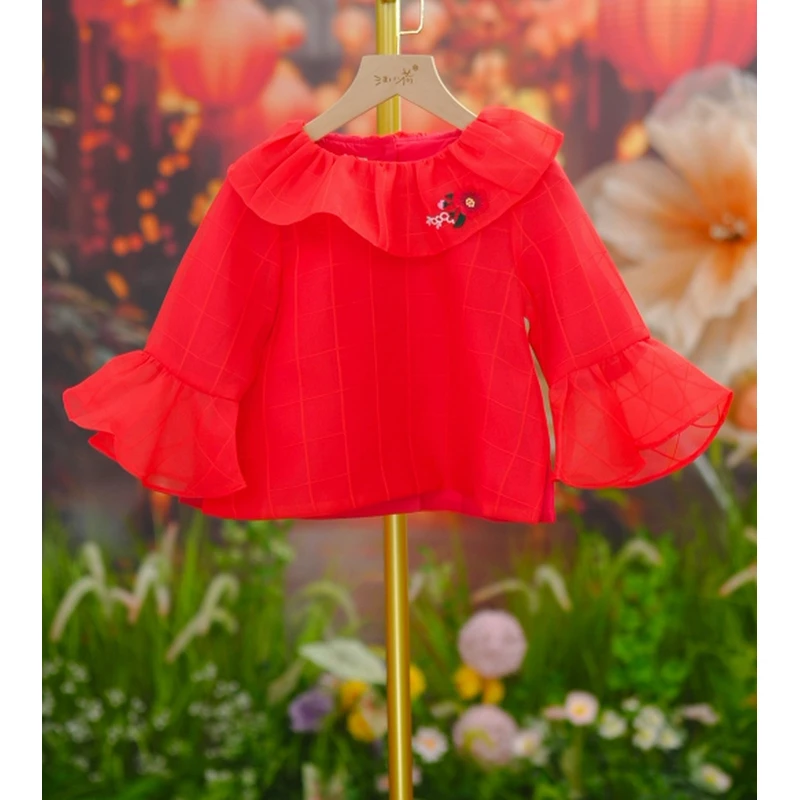 汪小荷品牌清货女童中国风9a格红趣外衣（上衣）D9110Z0403儿童宝宝