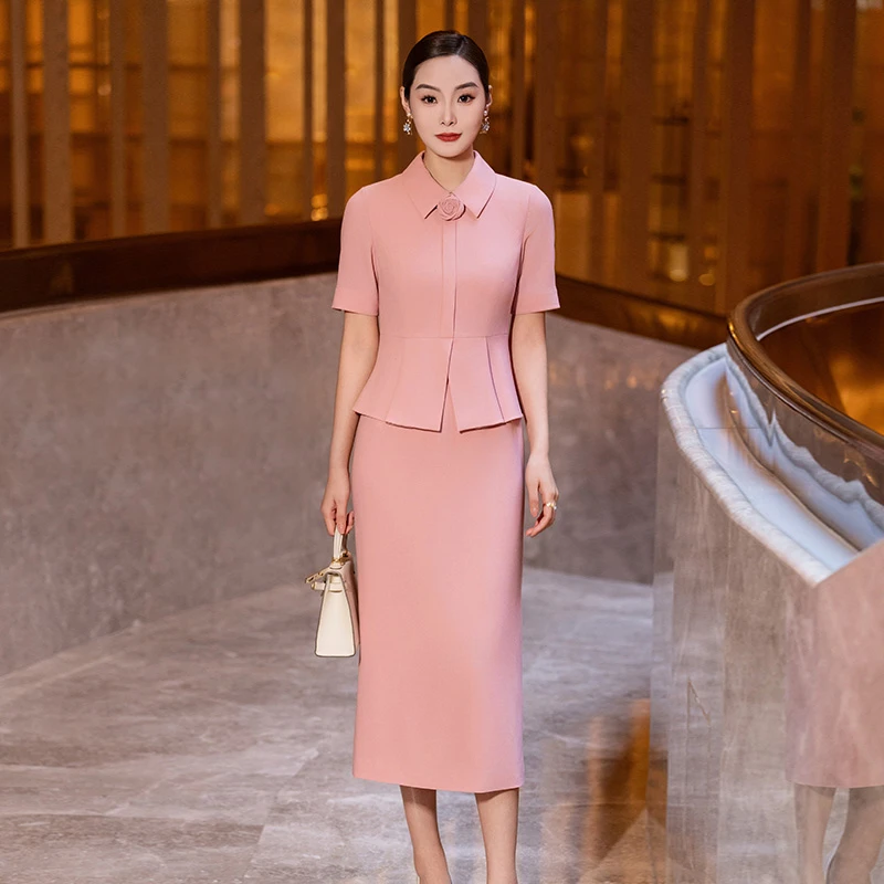 柔粉雅韵-首尚格释2025夏季新款纯色短袖翻领假两件连衣裙女