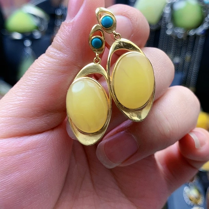 琥珀裸石银S925镶嵌耳坠