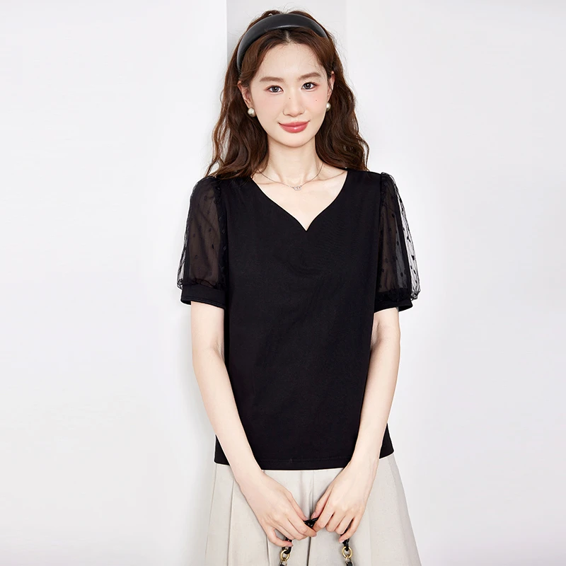 绮娑显瘦大码上衣女装新款夏季法式V领宽松胖MM短袖弹力T恤针织衫