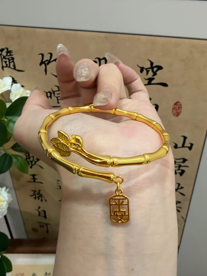 铜合金手镯 【古法竹节莲花】新款金色节节高升 开口百搭珠宝素款女