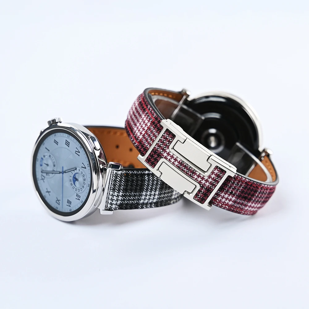 适用华为手表GT5pro格纹布GT4佩戴高级腕带GT3男女款H磁吸扣表带