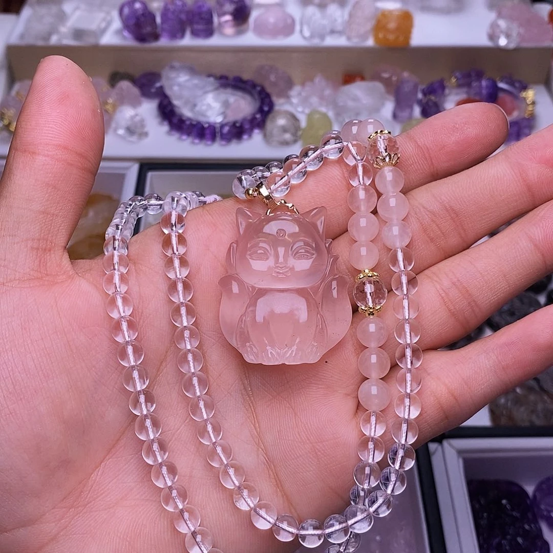 水晶颈饰未镶嵌粉水晶胖狐吊坠 送链子