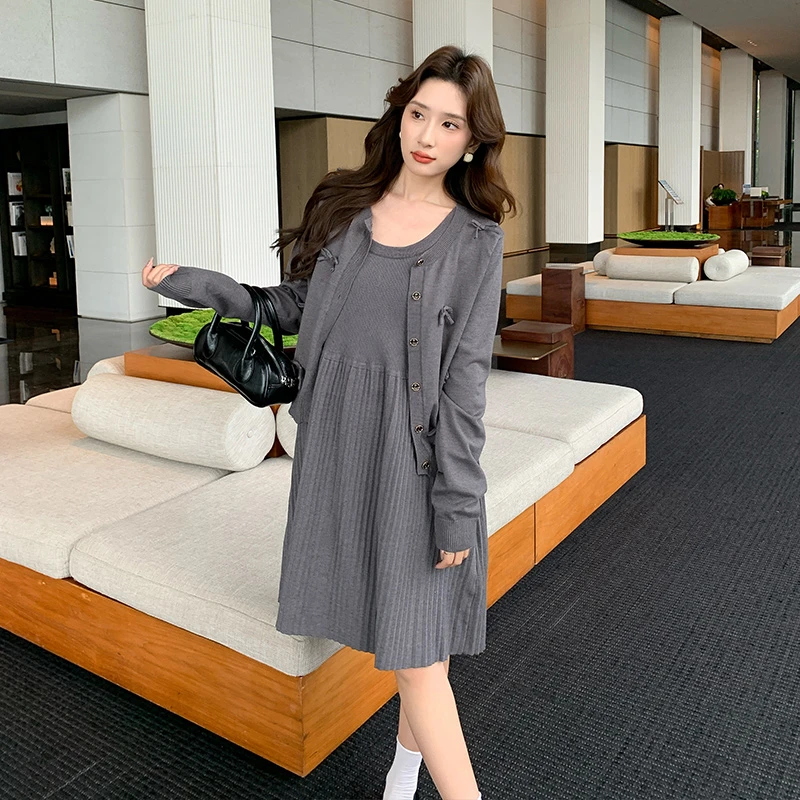 【奢姿】大码女装2025秋季减龄蝴蝶结针织两件套胖妹妹小香风套装