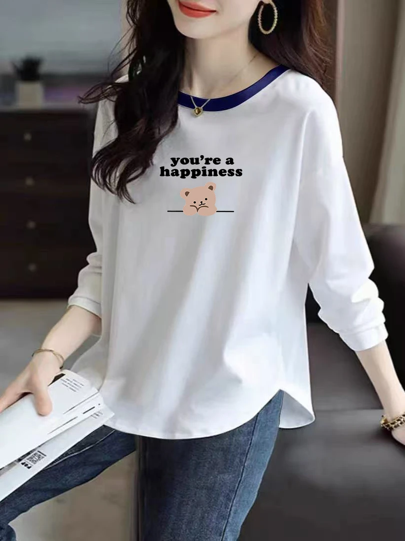 圆领长袖女秋季女士纯棉长款T恤韩版印花宽松型大码春秋显瘦白色
