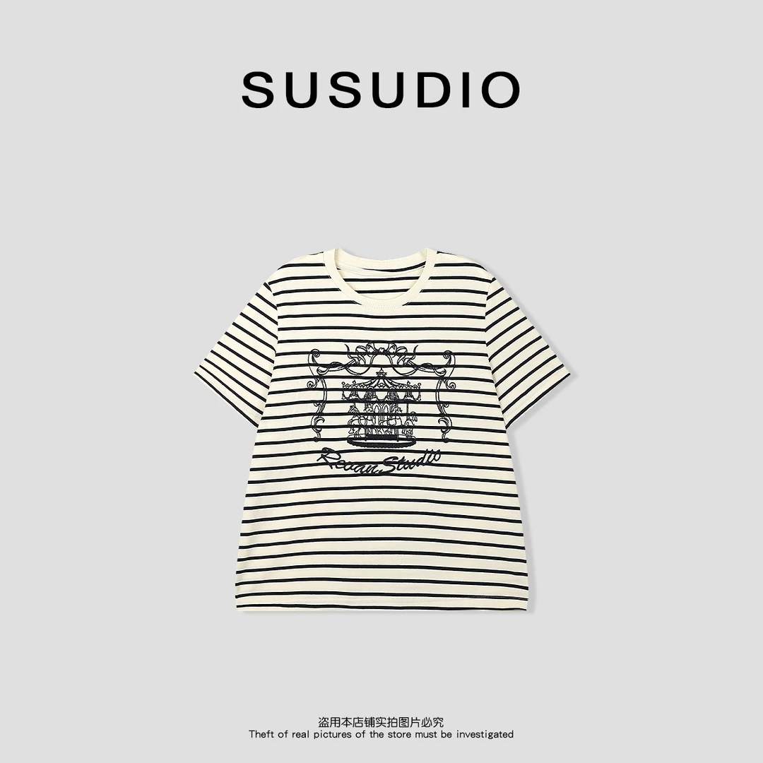 SUSUDIO 简约条纹旋转木马圆领短袖休闲显瘦T恤 10459