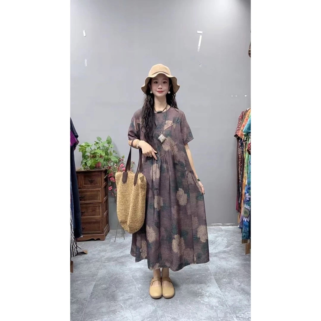 5169夏季新款清凉气质时尚复古遮肚宽松女显瘦百搭圆领休闲连衣裙