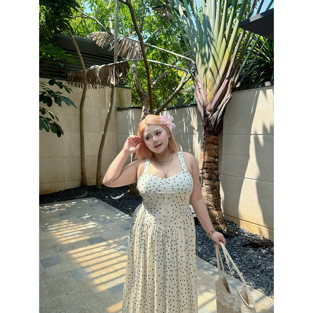 20222全球花【点点夏日】大码新款波点吊带连衣裙海边度假气质长裙