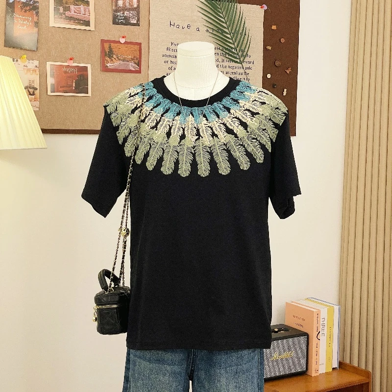 特大码300斤胖妹妹mm印花羽毛短袖T恤女夏季宽松显瘦上衣