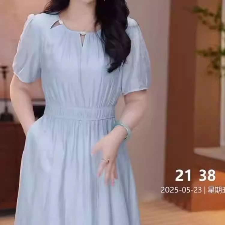 纯色短袖连衣裙女夏季2025新款时尚气质收腰显瘦中长款优雅礼服裙