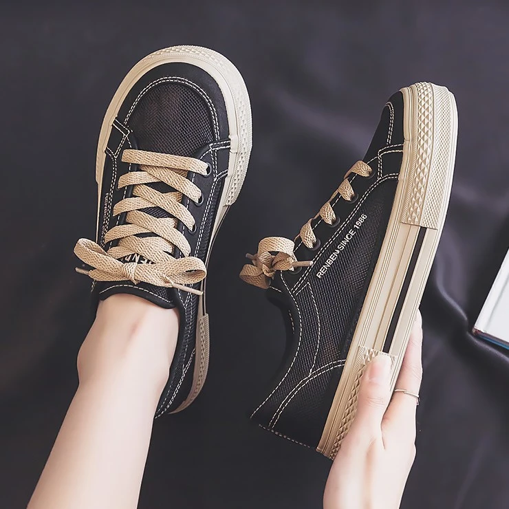 人本宽松春夏透气帆布鞋夏季网鞋百搭休闲潮鞋黑色厚底薄款鞋子