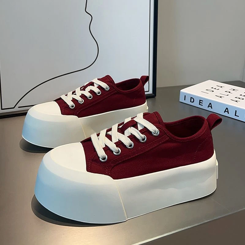 欧洲站薄款帆布鞋女2025春季新款一脚蹬圆头系带防滑厚底休闲板鞋