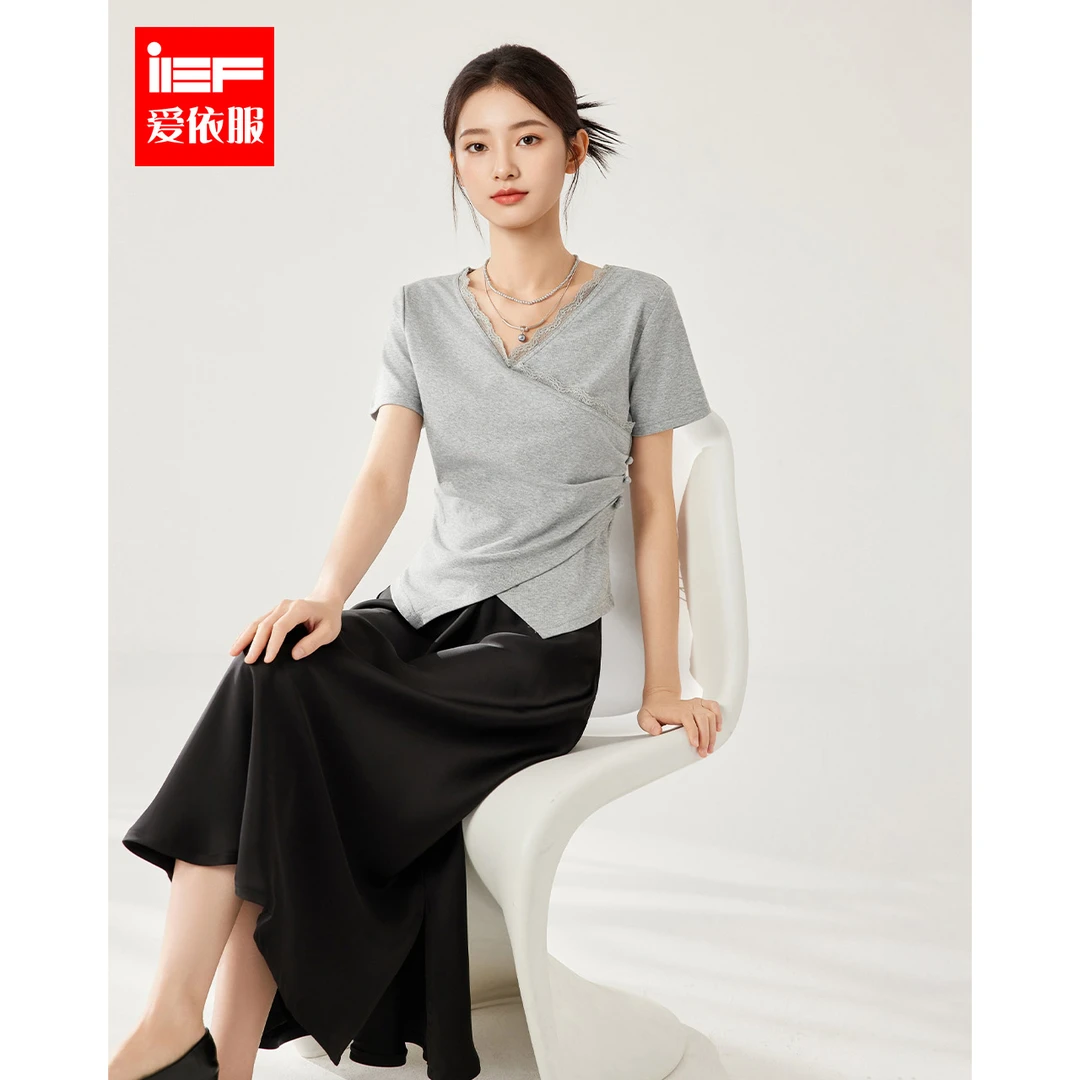 IEF/爱依服上衣2025夏季新款法式性感小女人气质V领修身百搭T恤