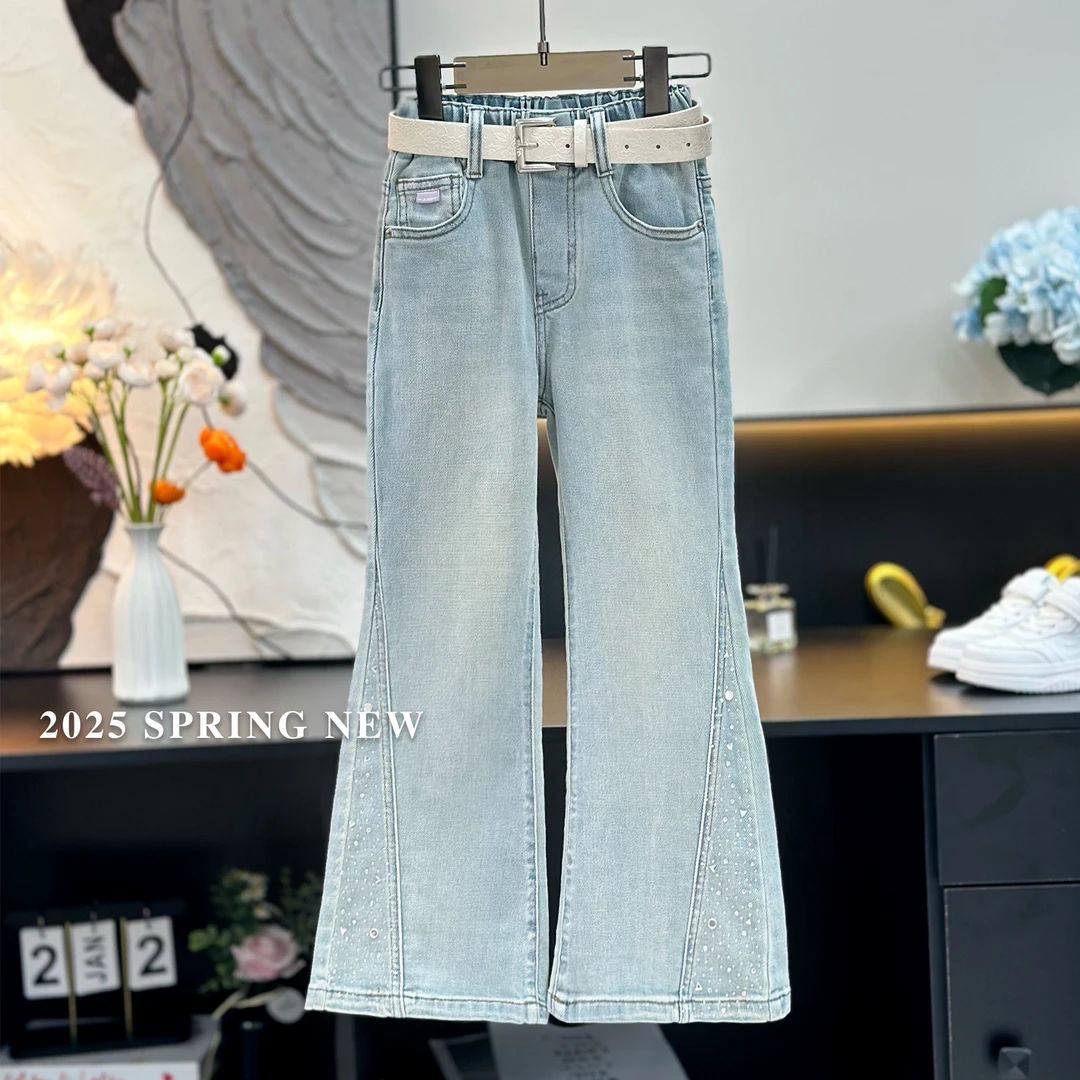 高定【春款弹力喇叭裤】女童开叉烫钻牛仔裤显瘦喇叭裤1115