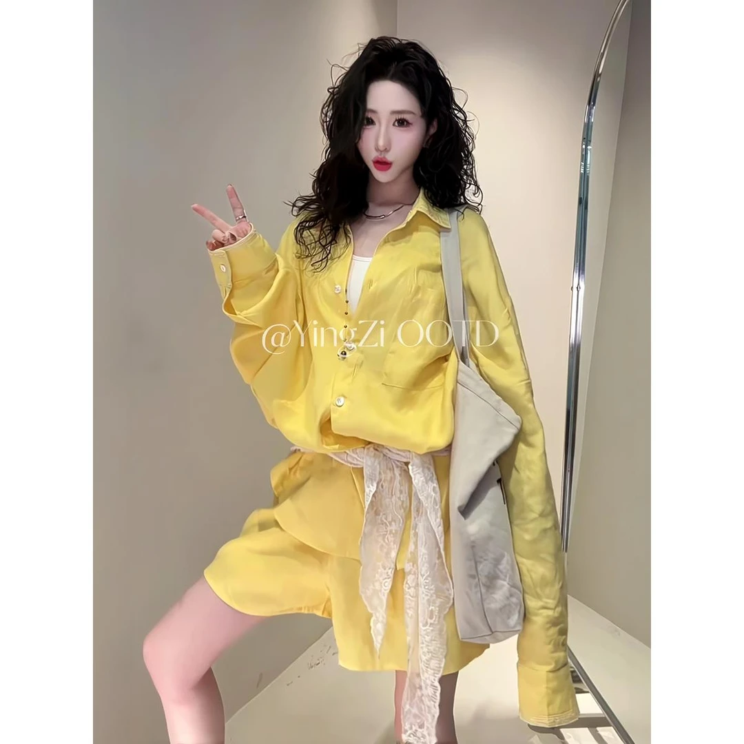 VOCKOO官方高端老钱风衬衫套装女春夏松弛减龄显瘦黄色衬衣阔