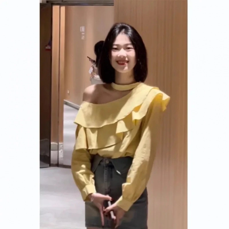 法式设计感露肩衬衫女2025早春新款小衫衬衣挂脖一字肩上衣高级感