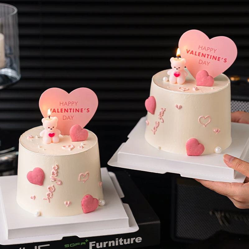 小熊蜡烛蛋糕装饰摆件七夕情人节快乐英文爱心卡片情侣表白插件