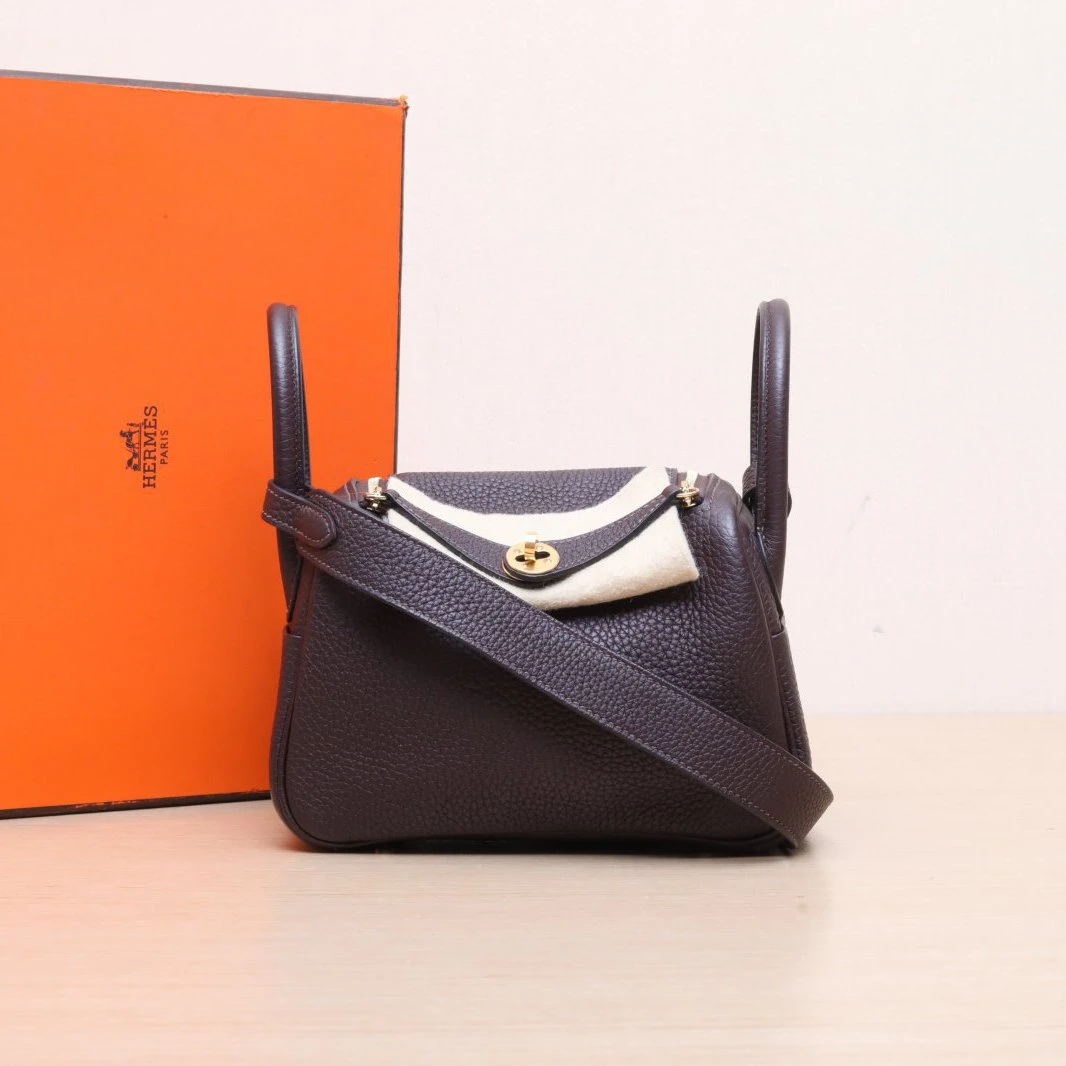 99新 Hermes/爱马仕 小花6枫Lindy Mini 马鞍红 TC皮 Y刻 金扣包