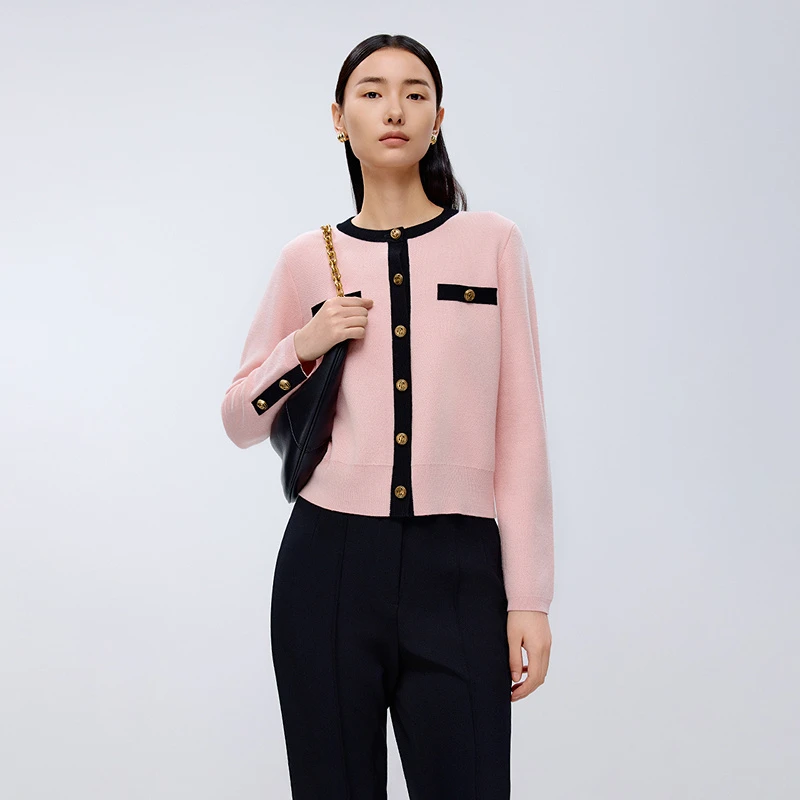 【商场同款】羊毛】朗姿/LANCY春新款小香风针织开衫女撞色气质上衣