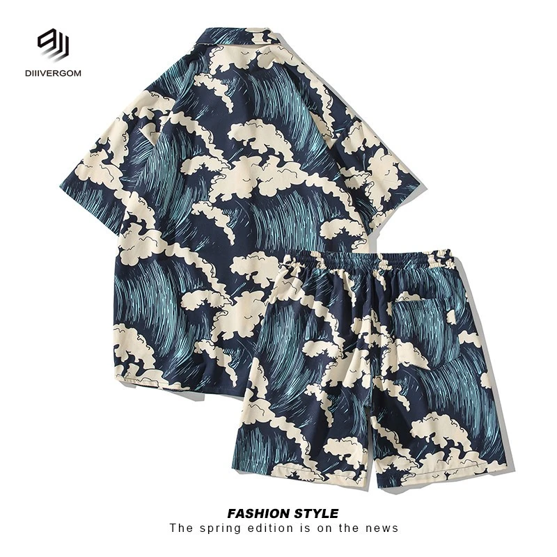 DIIIVERGOM海浪印花冰丝套装男夏季潮流宽松短袖衬衫休闲沙滩裤三
