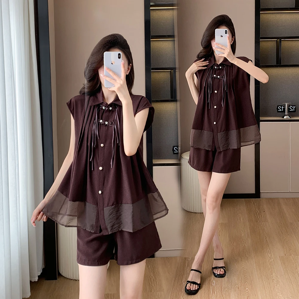 宽松休闲时尚套装女夏新款提花复古盘扣无袖衬衫短裤两件套