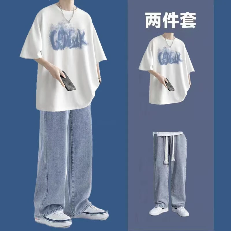 夏季套装潮流短恤t恤男士ins穿搭一整套学生穿搭帅气牛仔裤两件套