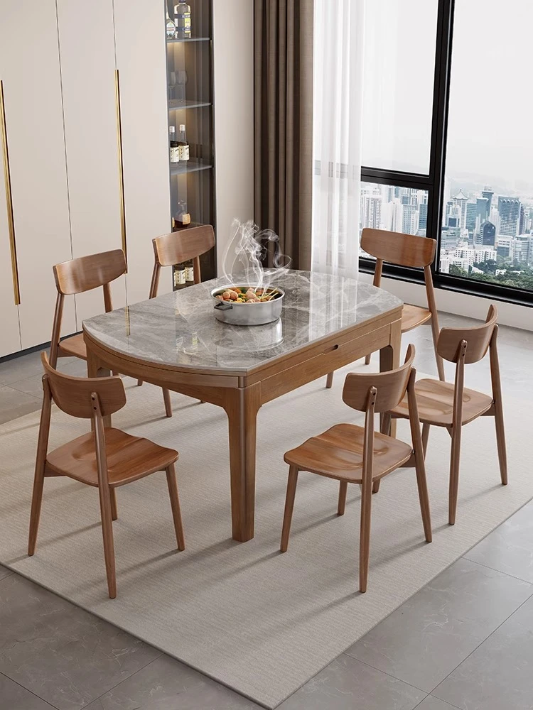 新中式岩板餐桌实木小户型家用伸缩折叠方圆两用吃饭桌可变圆餐桌