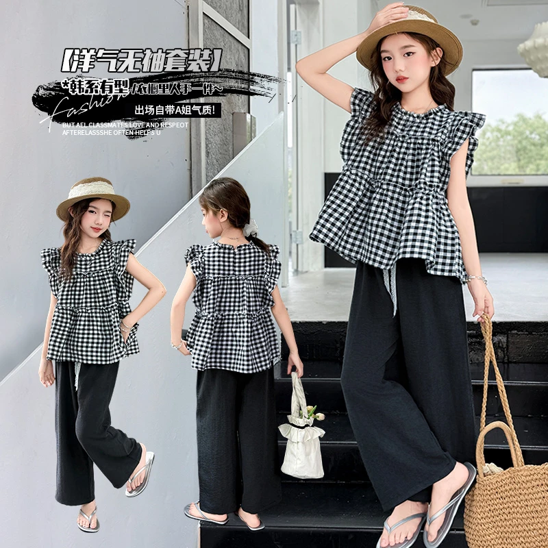 女童夏季时尚格子套装2025新款6-12岁小女孩休闲洋气阔腿裤两件套