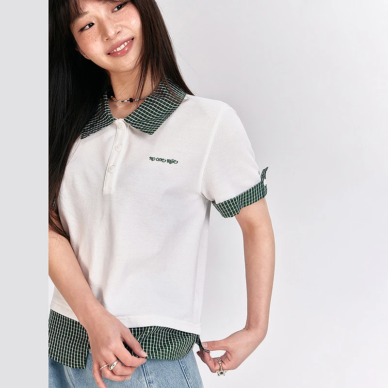 NO ONE ELSE美式复古女装夏季假两件短袖POLO衫格子拼接翻领T恤