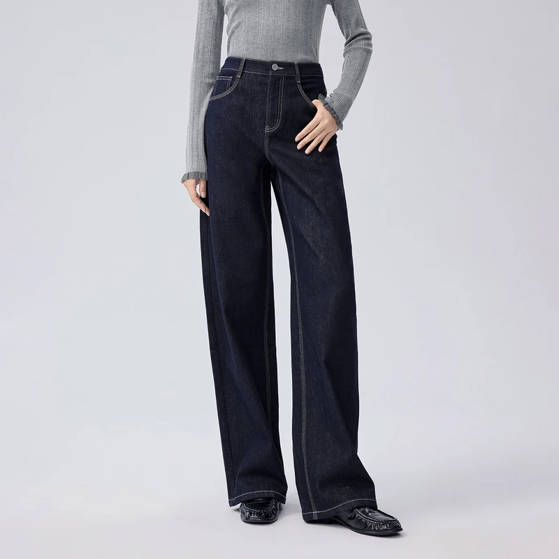 伊芙丽直筒拖地深蓝色牛仔裤2025春季新款宽松裤子欧若风小个子