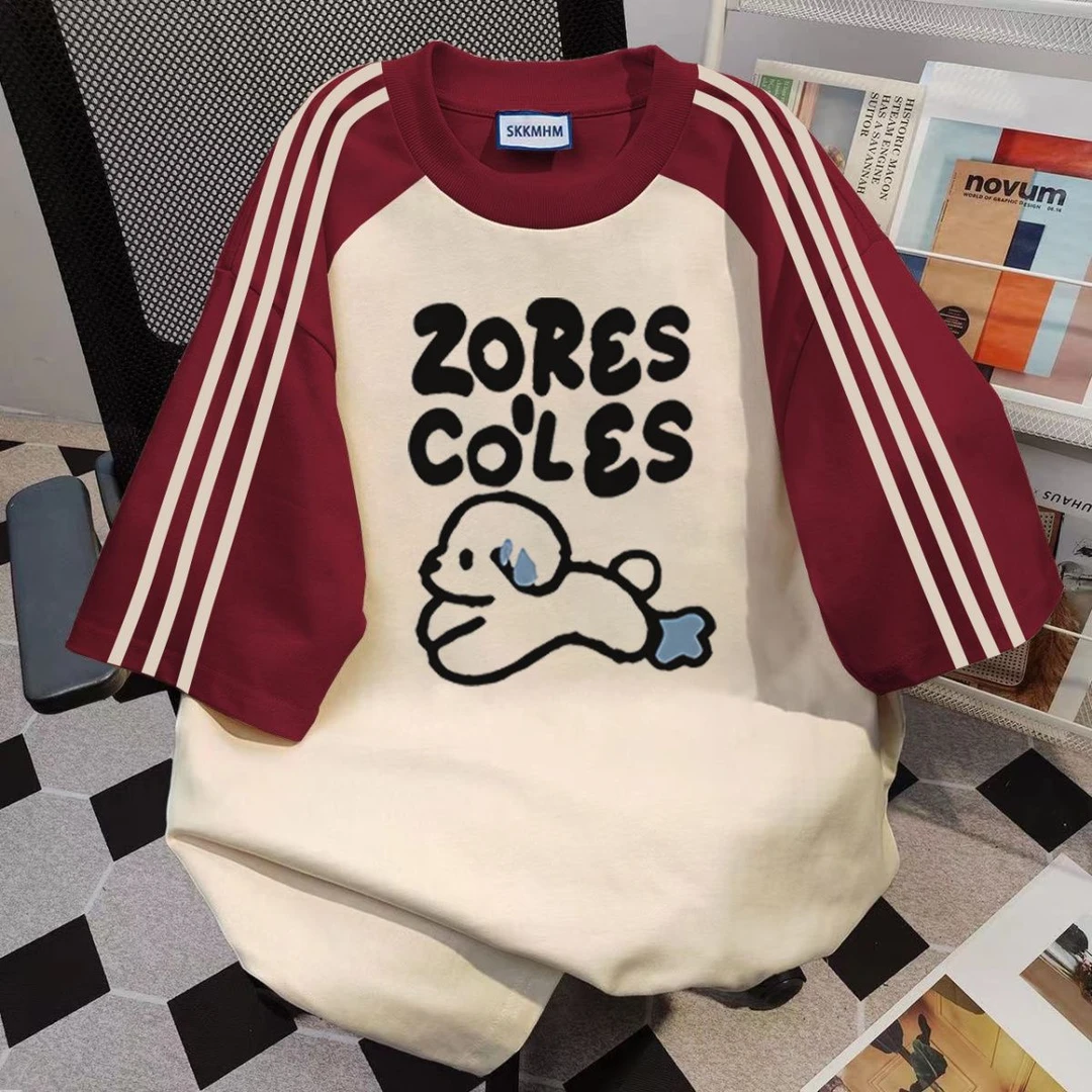 100%重磅纯棉美式复古字母印花t恤女装ins三条杠夏季新款宽松上衣