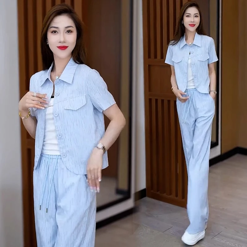时髦洋气休闲运动套装女2025夏季显瘦短袖衬衫上衣阔腿裤两件套潮