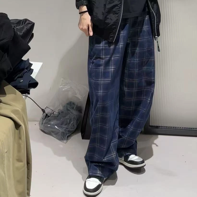 DAB松紧腰加长格子休闲裤 D075